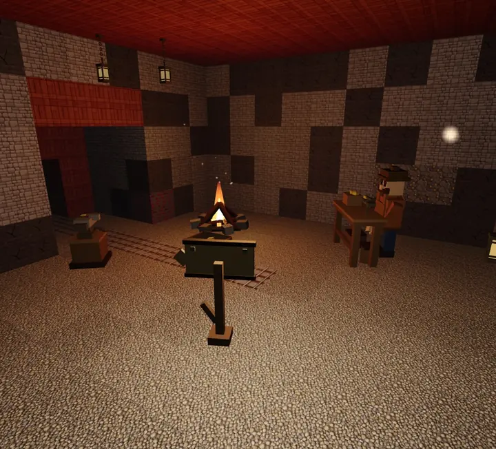 An underground camp in Minedor: a lit campfire in the middle, the blacksmith's anvil, the merchant's stall on the right and lanterns hanging from the plank ceiling.