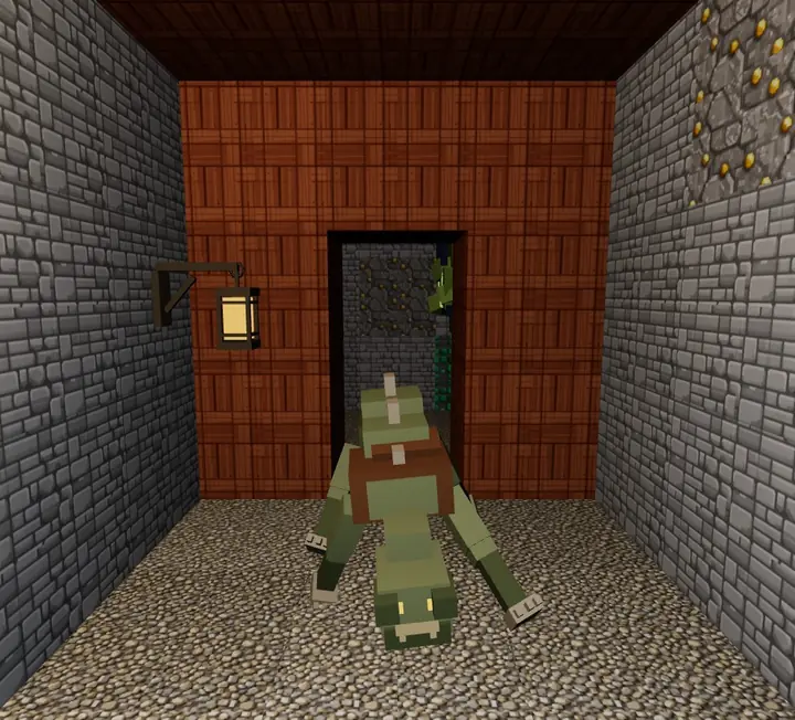 A voxel mine gallery: stone walls, plank ceiling, a lantern bolted to the wall, a gold vein in the right-hand wall and a Crawler zombie advancing low along the floor.