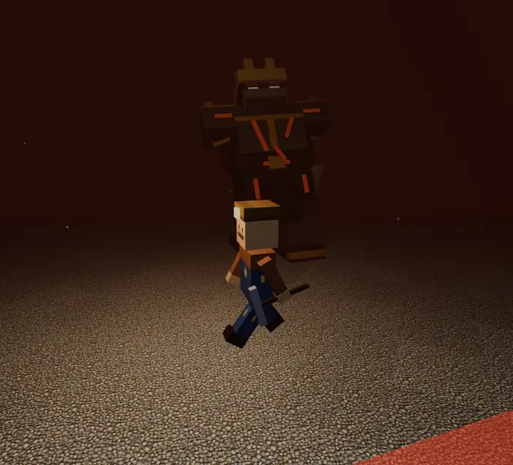 The level 100 arena: the miner, pickaxe in hand, facing the King of the Mine, a colossus of dark voxels with glowing red cracks, on gravel bathed in red light.